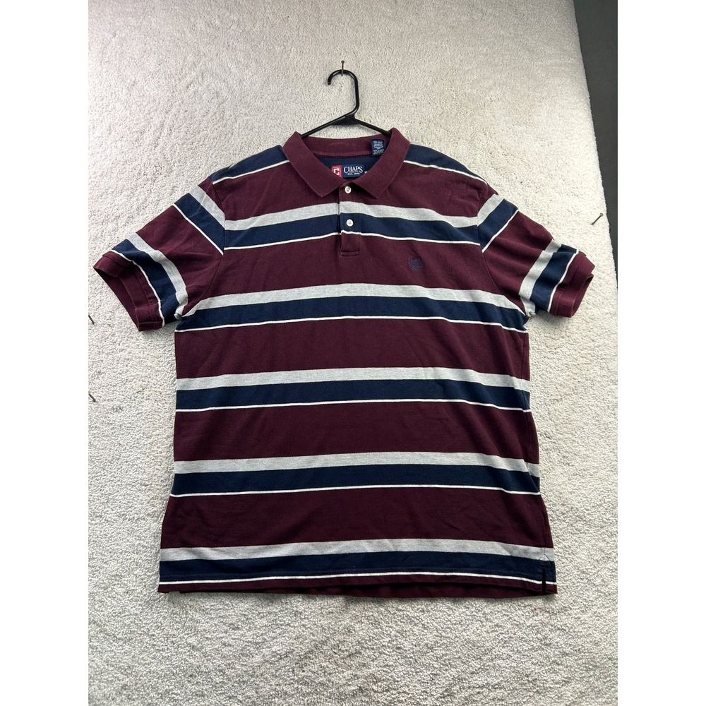 Chaps Polo Shirt Men's XL Burgundy Navy Cotton Striped‎